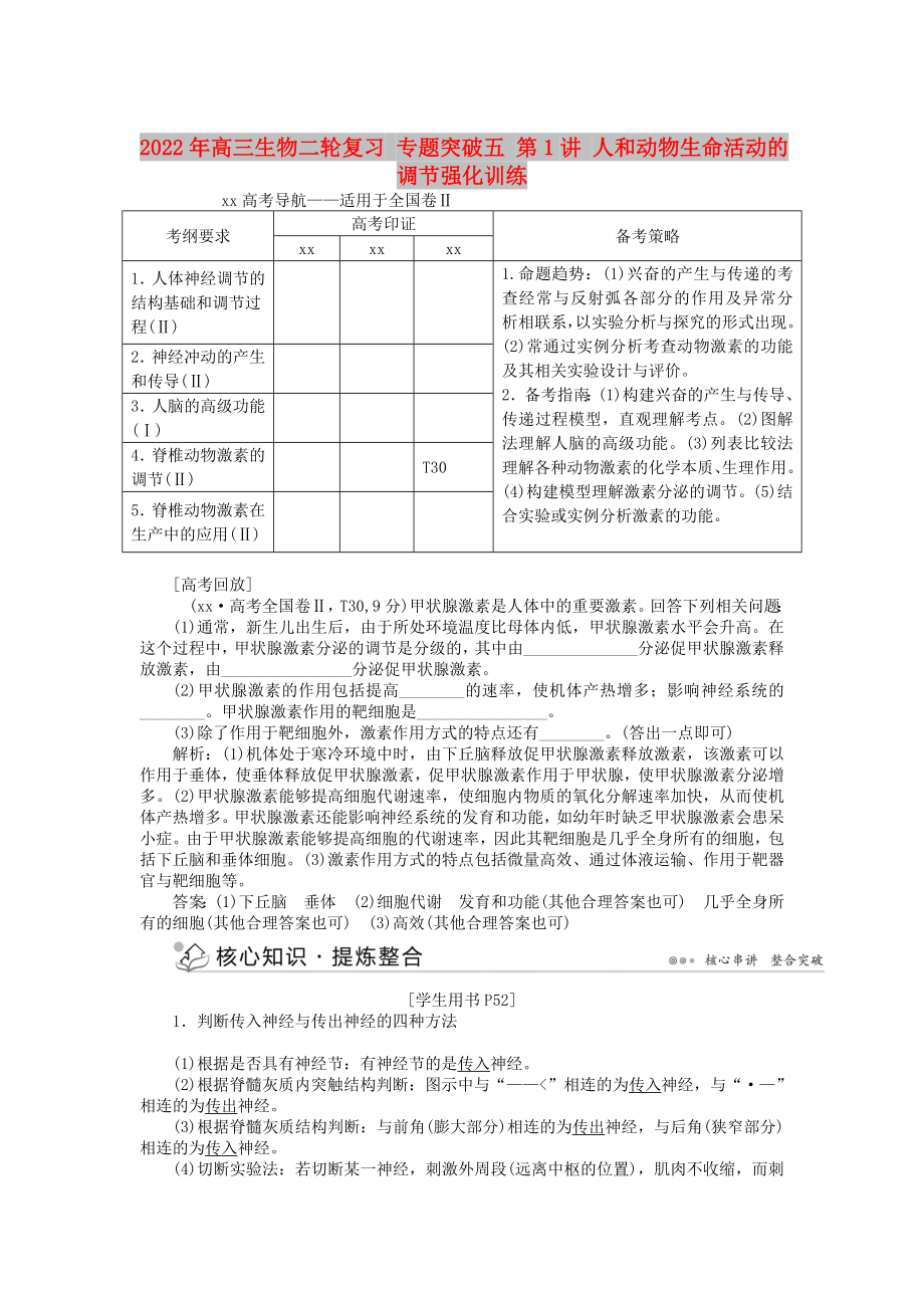 2022年高三生物二轮复习 专题突破五 第1讲 人和动物生命活动的调节强化训练_第1页