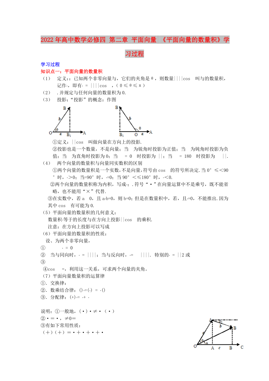 2022年高中數(shù)學(xué)必修四 第二章 平面向量 《平面向量的數(shù)量積》學(xué)習(xí)過程_第1頁