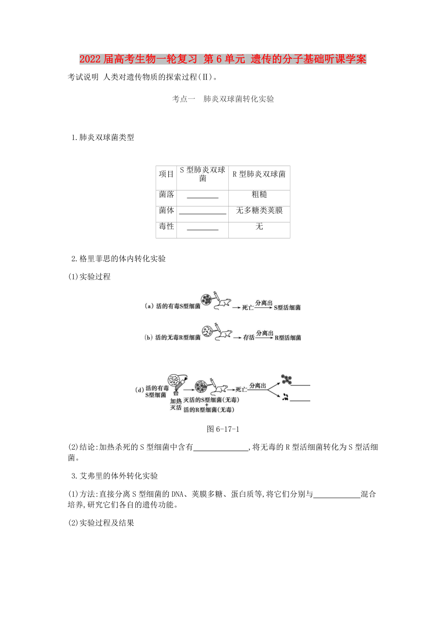 2022屆高考生物一輪復(fù)習 第6單元 遺傳的分子基礎(chǔ)聽課學案_第1頁