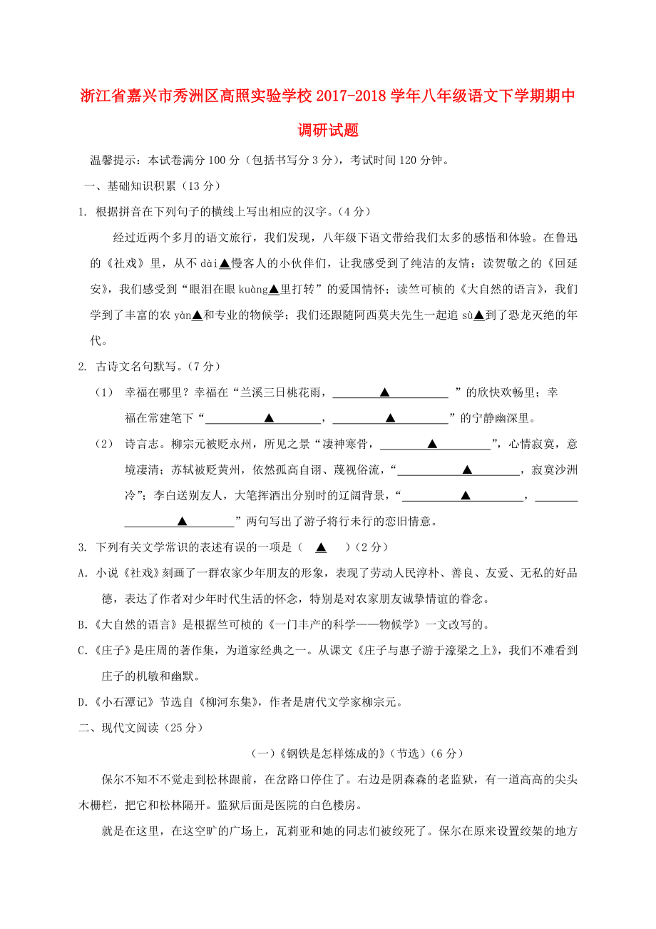 浙江省嘉興市秀洲區(qū)八年級(jí)語(yǔ)文下學(xué)期期中調(diào)研試題新人教版_第1頁(yè)