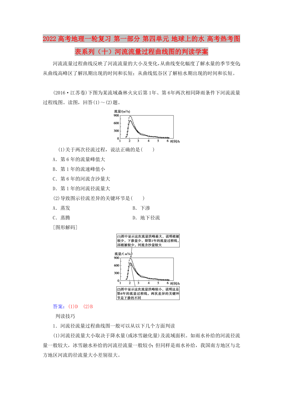 2022高考地理一轮复习 第一部分 第四单元 地球上的水 高考热考图表系列（十）河流流量过程曲线图的判读学案_第1页