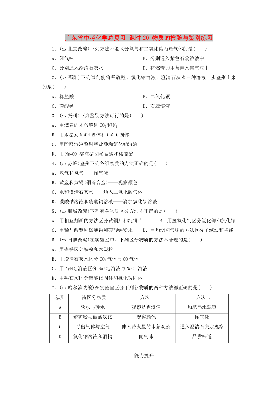 廣東省中考化學總復習 課時20 物質的檢驗與鑒別練習_第1頁