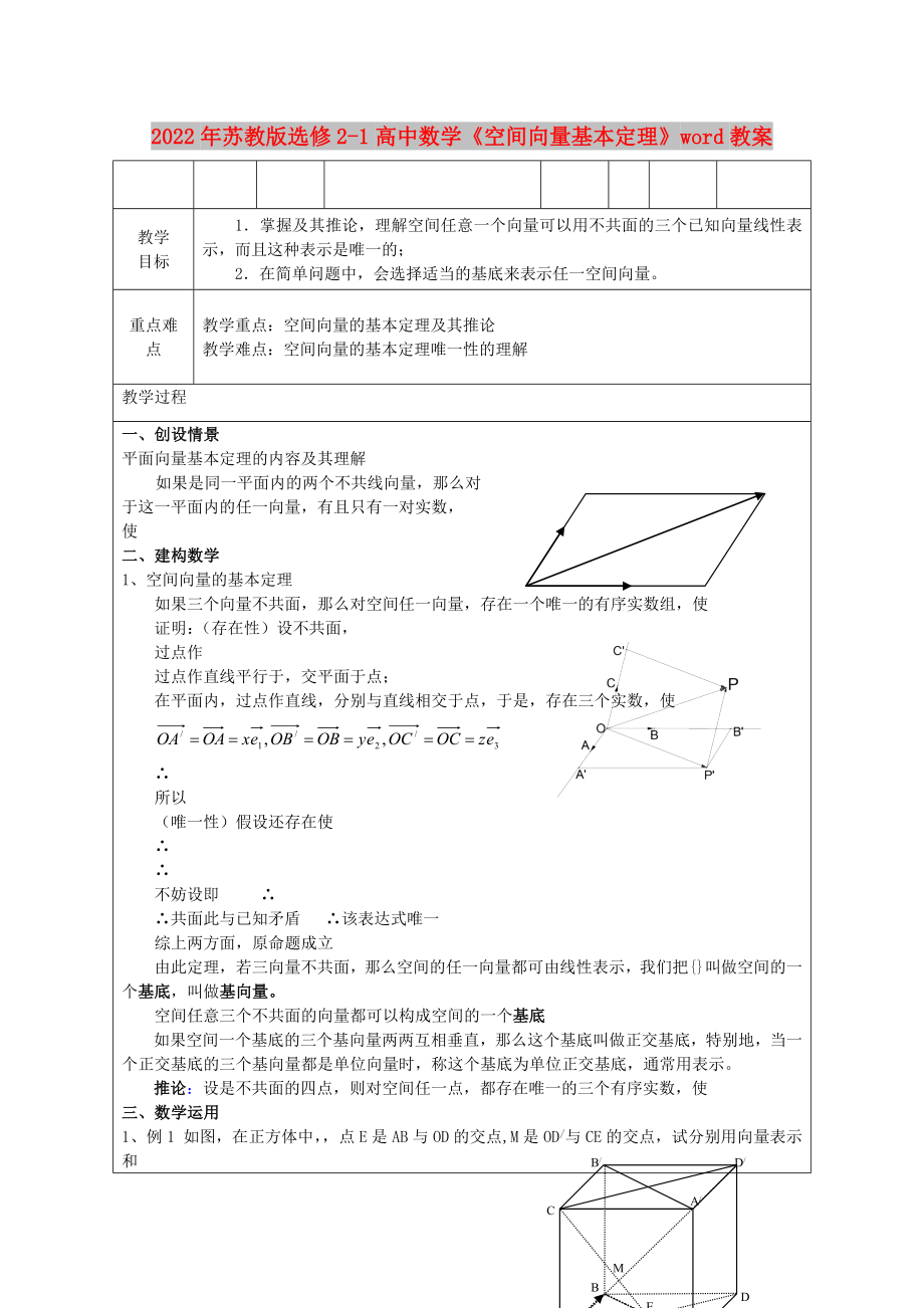 2022年蘇教版選修2-1高中數(shù)學《空間向量基本定理》word教案_第1頁