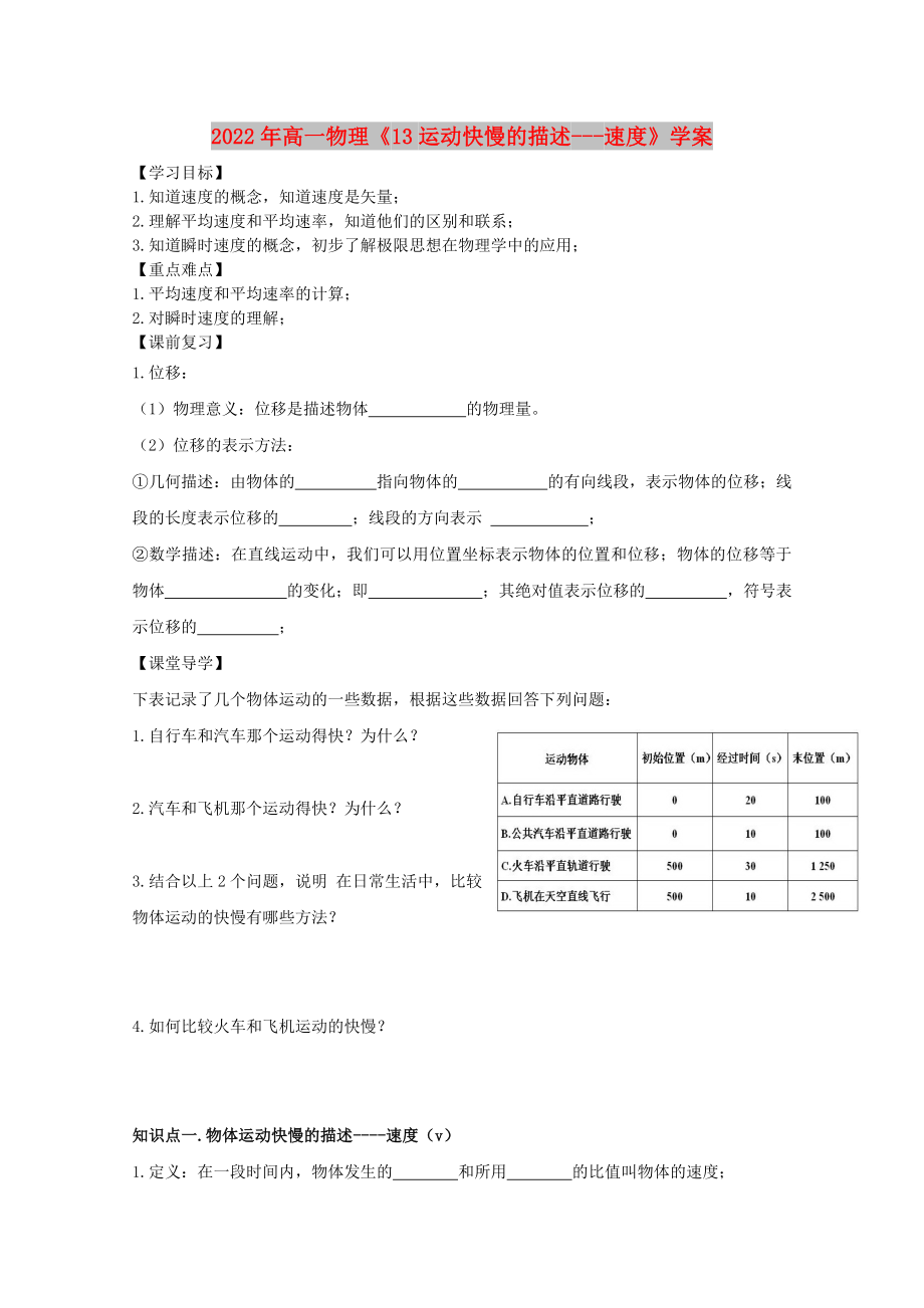 2022年高一物理《13運(yùn)動快慢的描述---速度》學(xué)案_第1頁