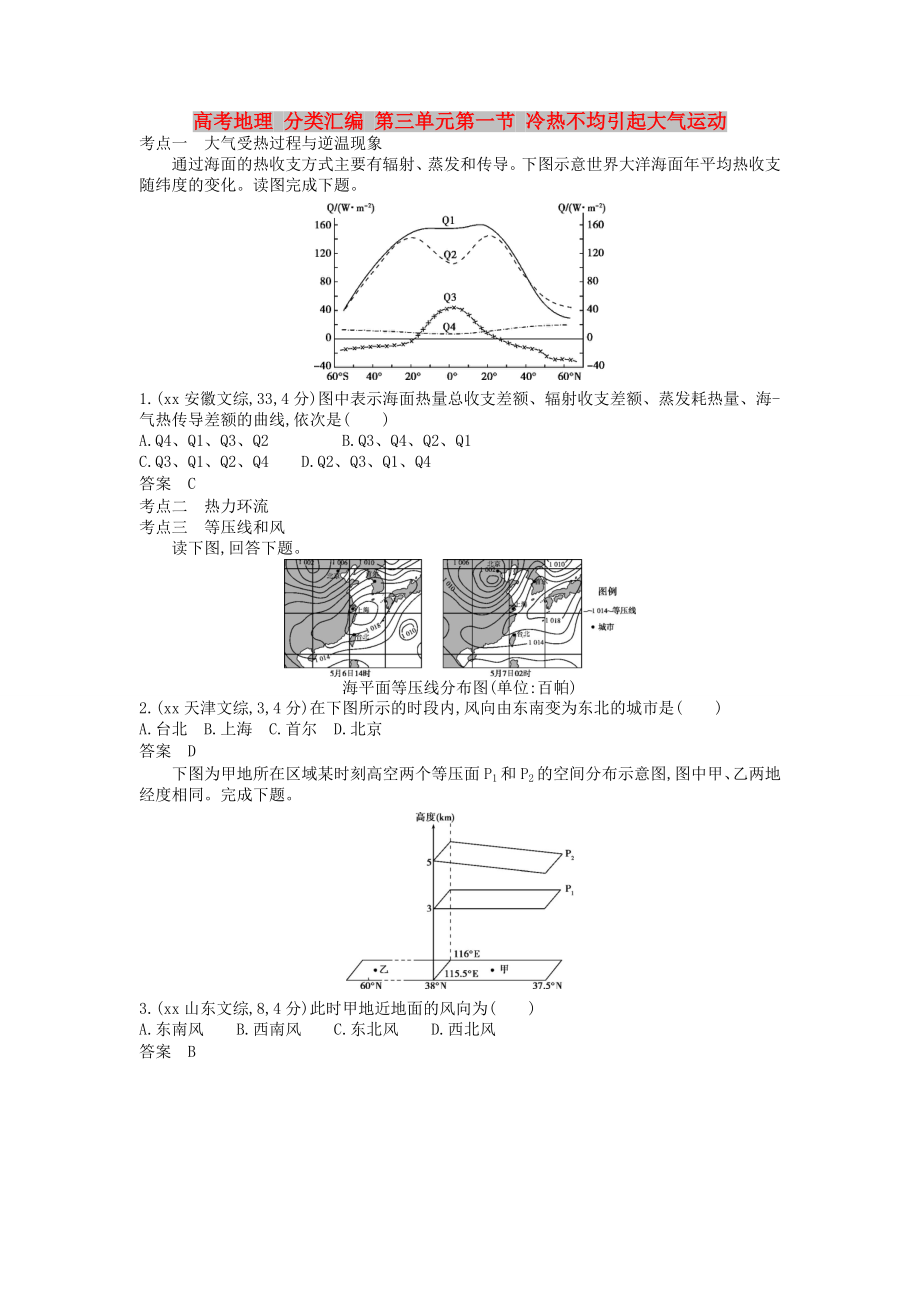 高考地理 分類匯編 第三單元第一節(jié) 冷熱不均引起大氣運(yùn)動_第1頁