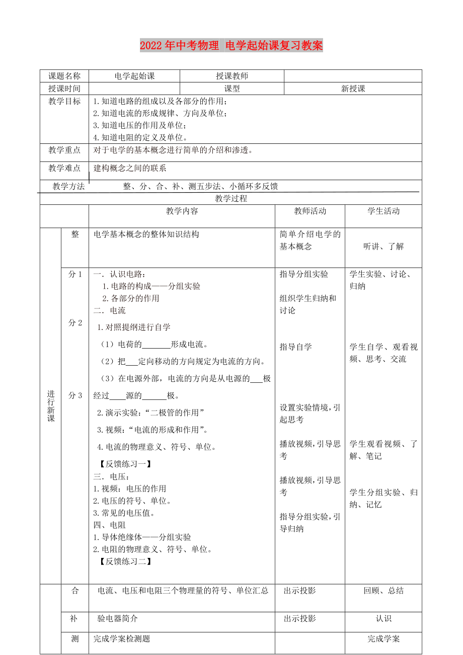 2022年中考物理 電學(xué)起始課復(fù)習(xí)教案_第1頁(yè)