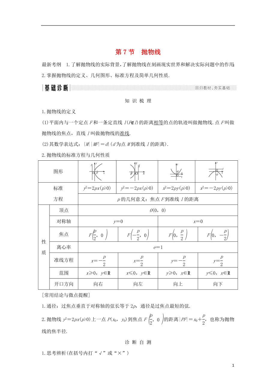 （全國通用版）2019版高考數(shù)學(xué)大一輪復(fù)習(xí) 第九章 平面解析幾何 第7節(jié) 拋物線學(xué)案 文 新人教A版_第1頁