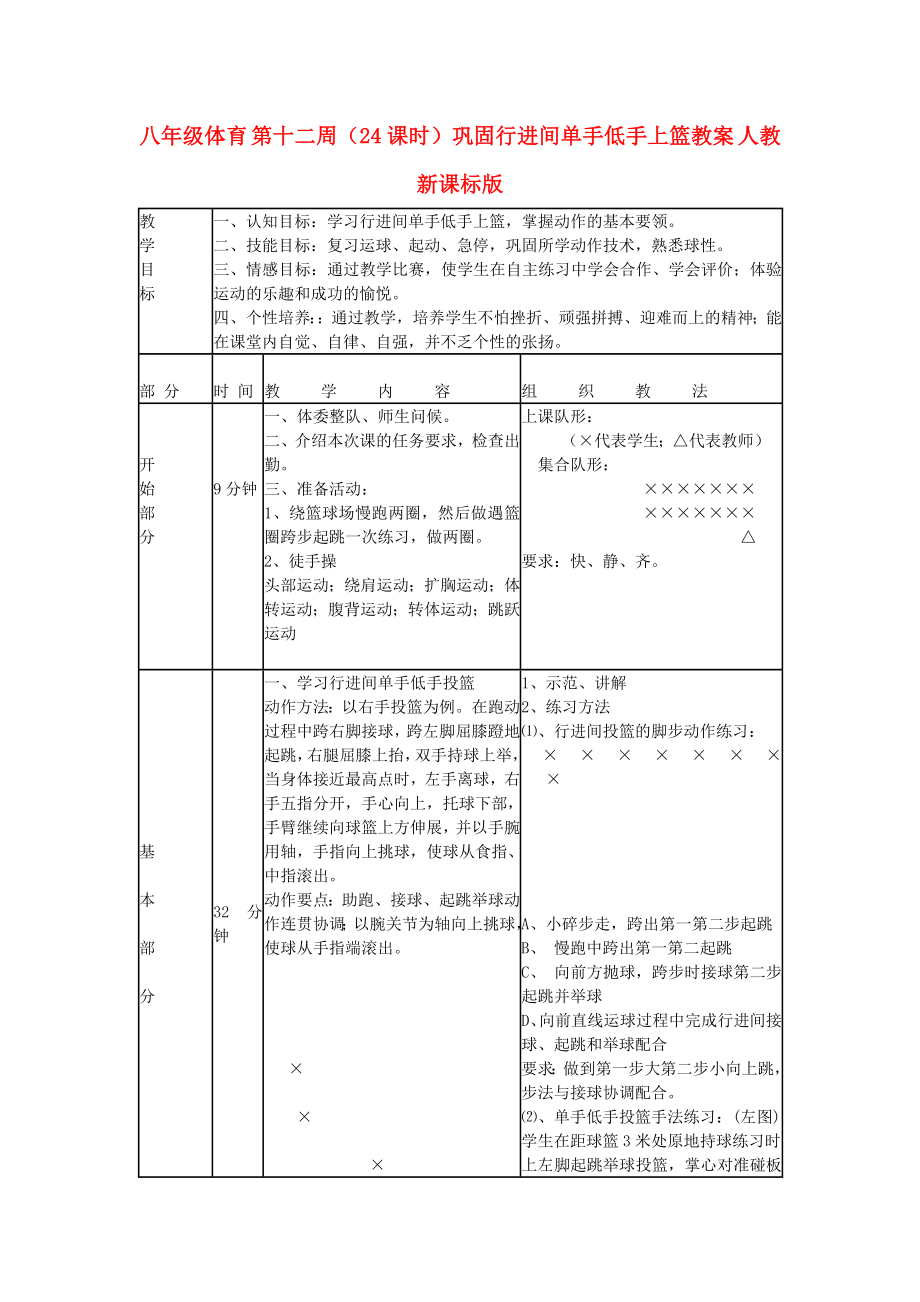 八年级体育 第十二周（24课时）巩固行进间单手低手上篮教案 人教新课标版_第1页