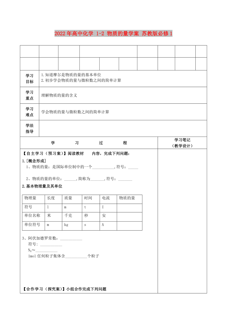 2022年高中化學(xué) 1-2 物質(zhì)的量學(xué)案 蘇教版必修1_第1頁