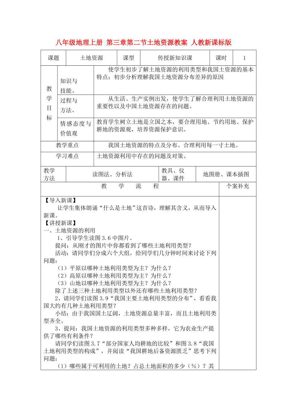 八年级地理上册 第三章第二节土地资源教案 人教新课标版_第1页