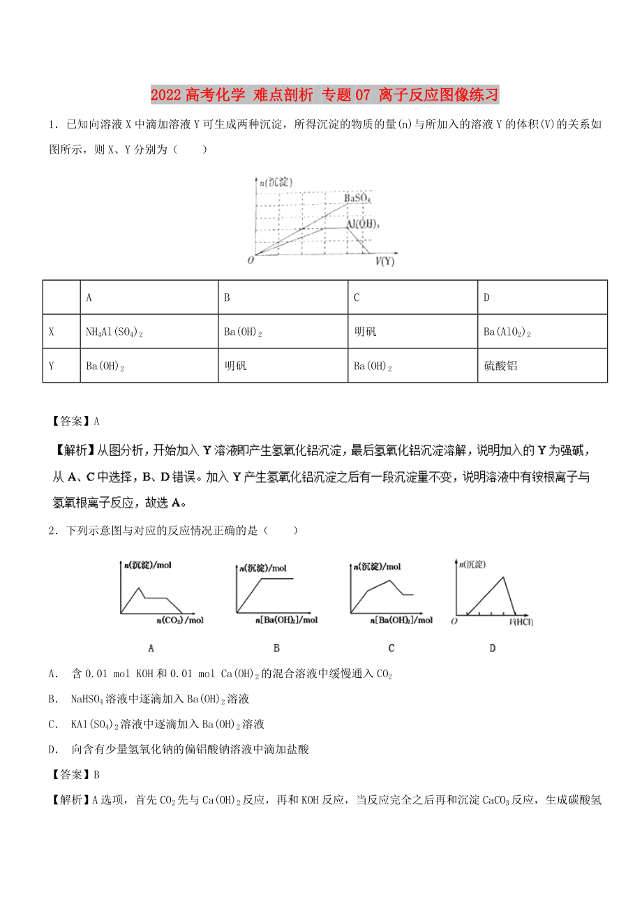 2022高考化學 難點剖析 專題07 離子反應(yīng)圖像練習_第1頁