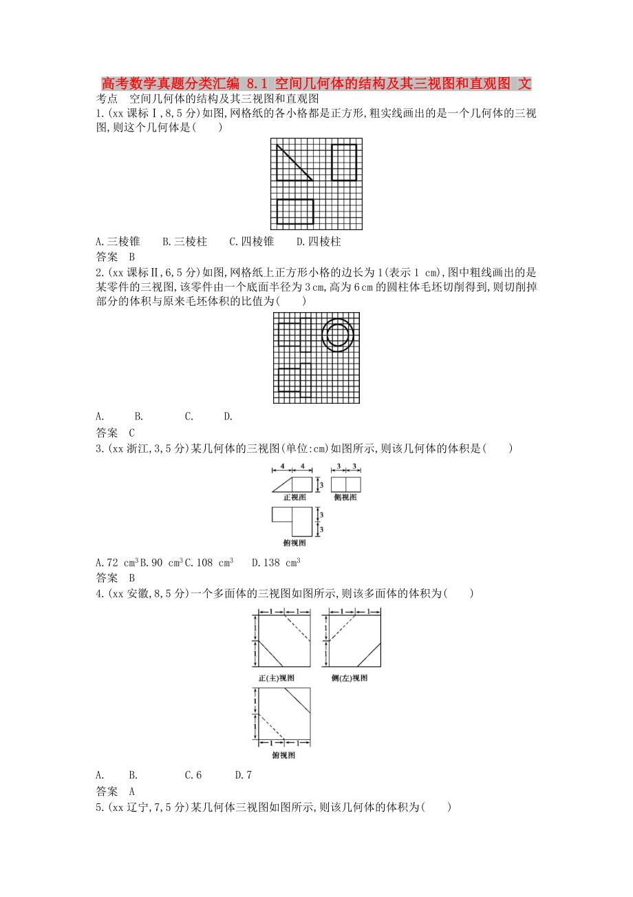 高考數(shù)學(xué)真題分類匯編 8.1 空間幾何體的結(jié)構(gòu)及其三視圖和直觀圖 文_第1頁