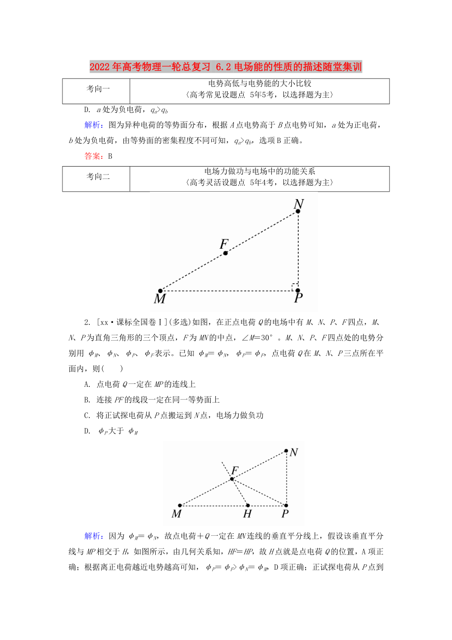 2022年高考物理一輪總復習 6.2電場能的性質的描述隨堂集訓_第1頁