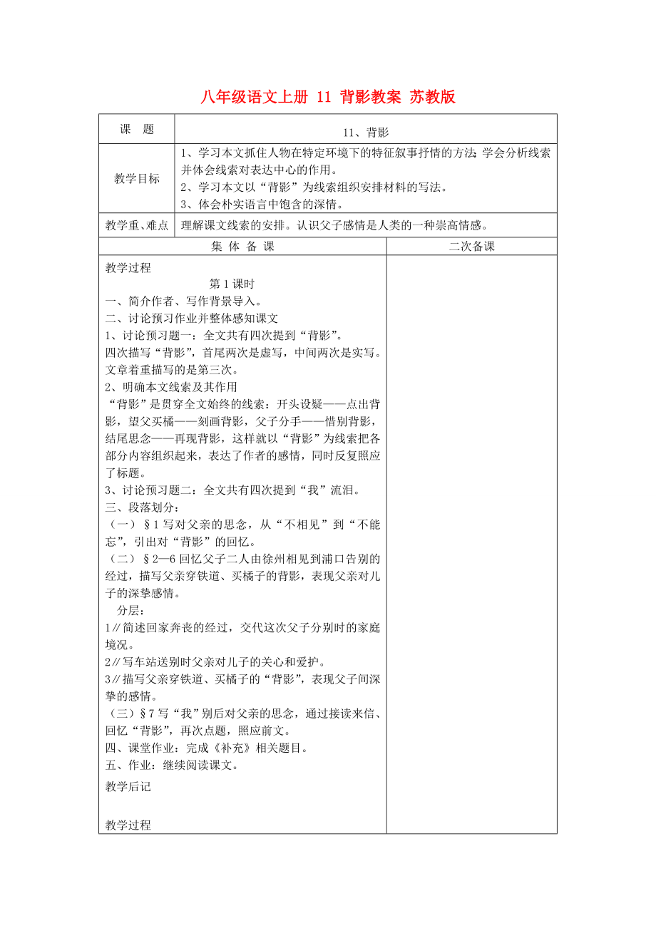 八年級語文上冊 11 背影教案 蘇教版_第1頁