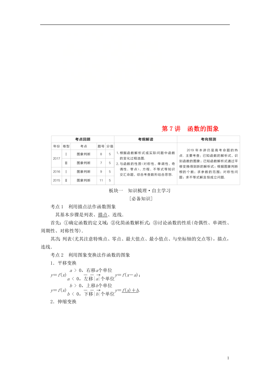 （全國版）2019版高考數(shù)學(xué)一輪復(fù)習(xí) 第2章 函數(shù)、導(dǎo)數(shù)及其應(yīng)用 第7講 函數(shù)的圖象學(xué)案_第1頁