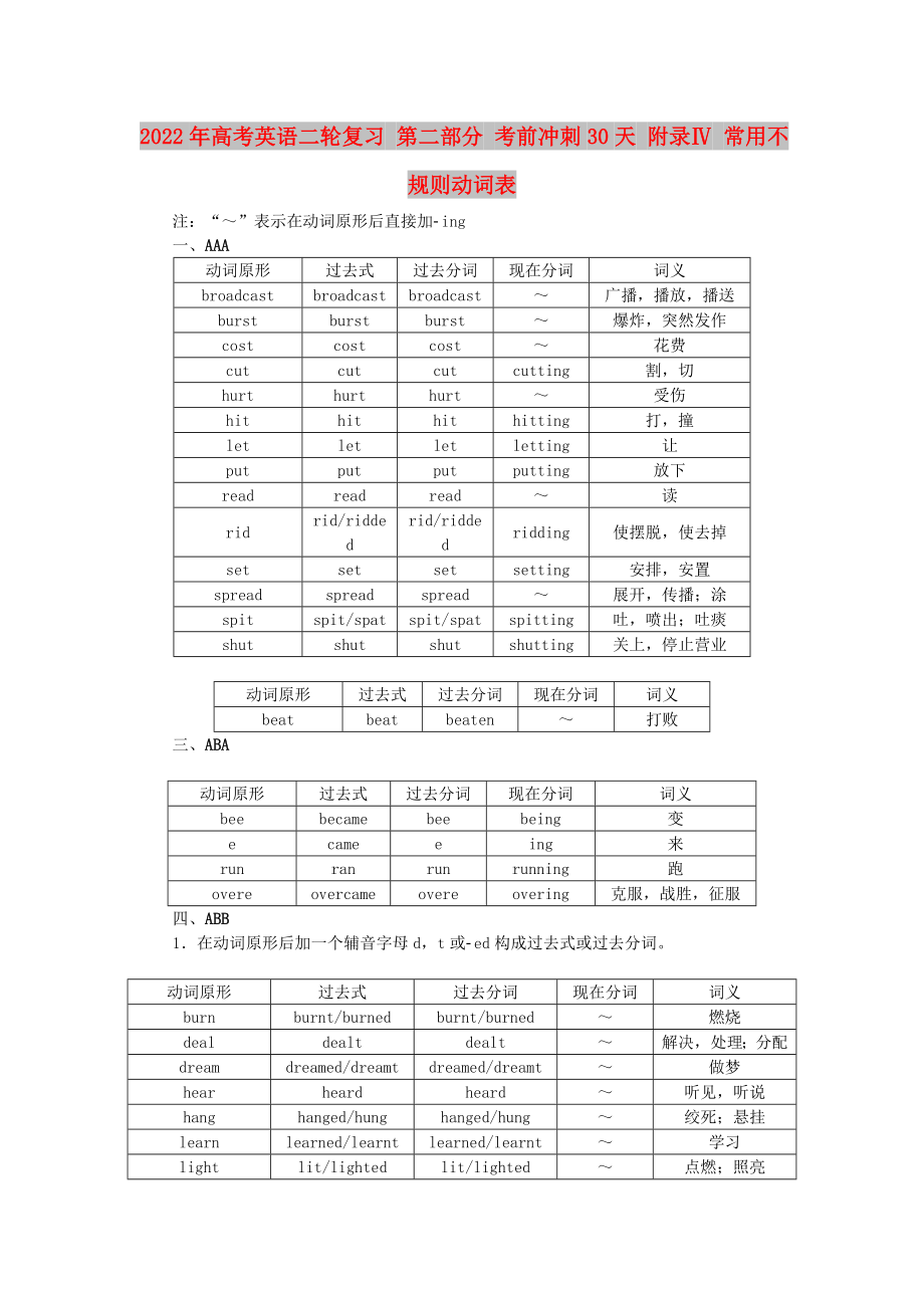 2022年高考英語(yǔ)二輪復(fù)習(xí) 第二部分 考前沖刺30天 附錄Ⅳ 常用不規(guī)則動(dòng)詞表_第1頁(yè)