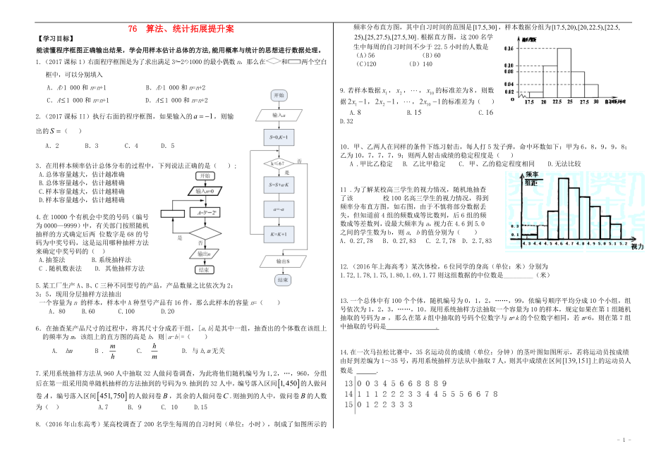 山东省滨州市2018届高考数学一轮复习 76 算法、统计拓展提升学案_第1页