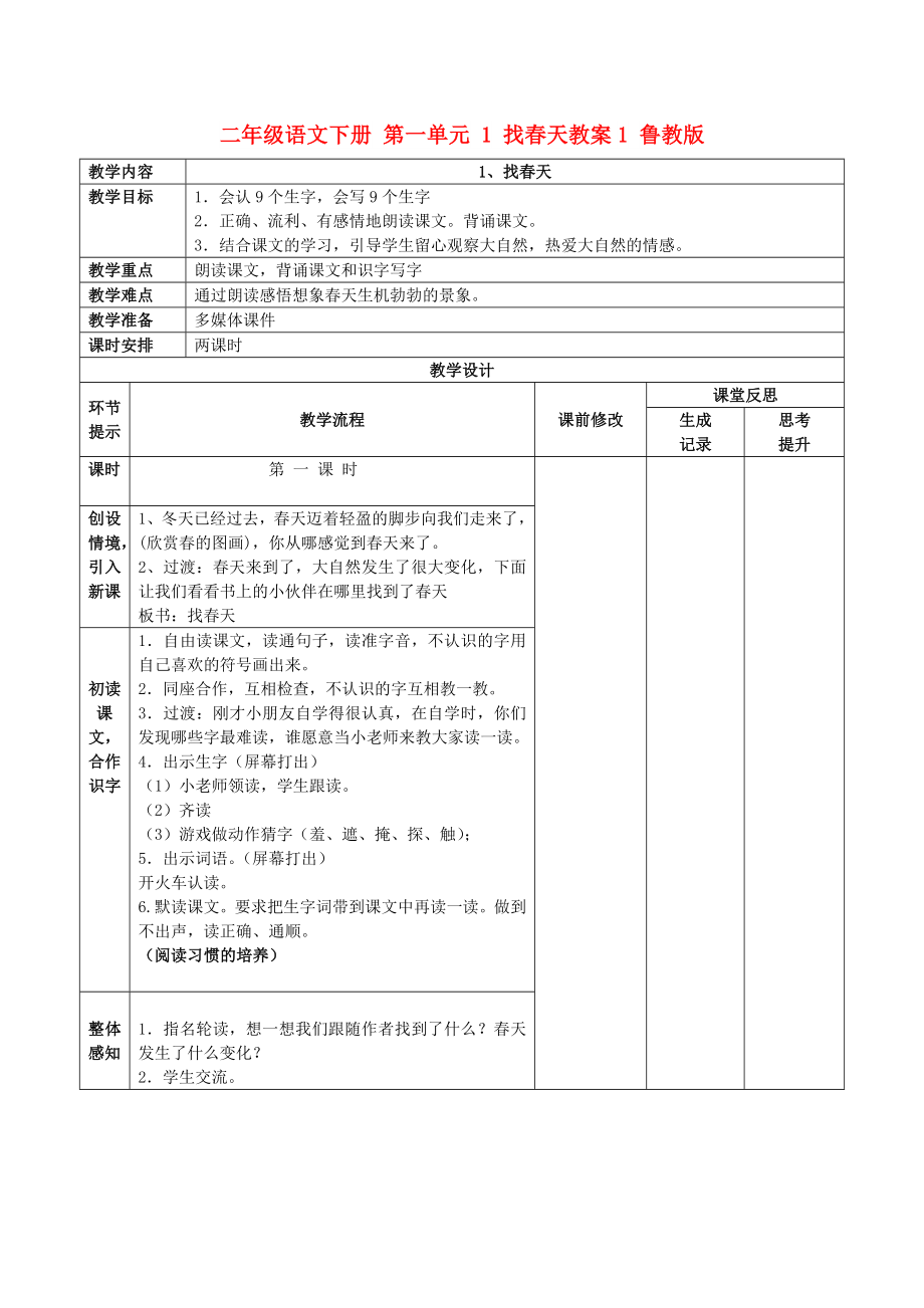 二年級語文下冊 第一單元 1 找春天教案1 魯教版_第1頁