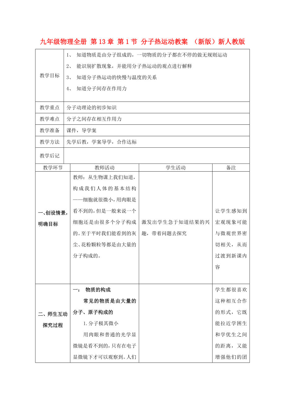 九年級(jí)物理全冊(cè) 第13章 第1節(jié) 分子熱運(yùn)動(dòng)教案 （新版）新人教版_第1頁(yè)