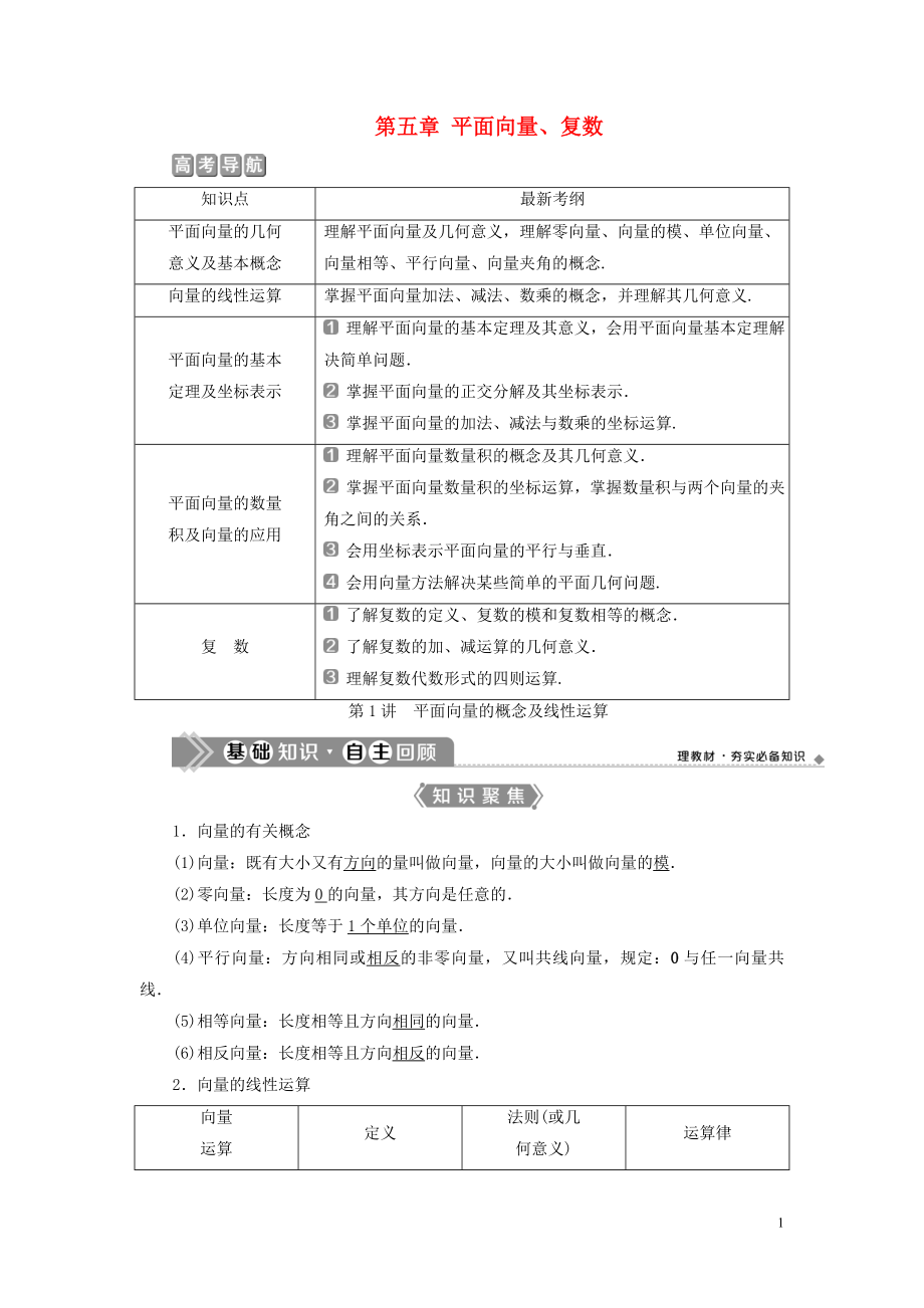 （浙江專用）2021版新高考數(shù)學(xué)一輪復(fù)習(xí) 第五章 平面向量、復(fù)數(shù) 1 第1講 平面向量的概念及線性運(yùn)算教學(xué)案_第1頁