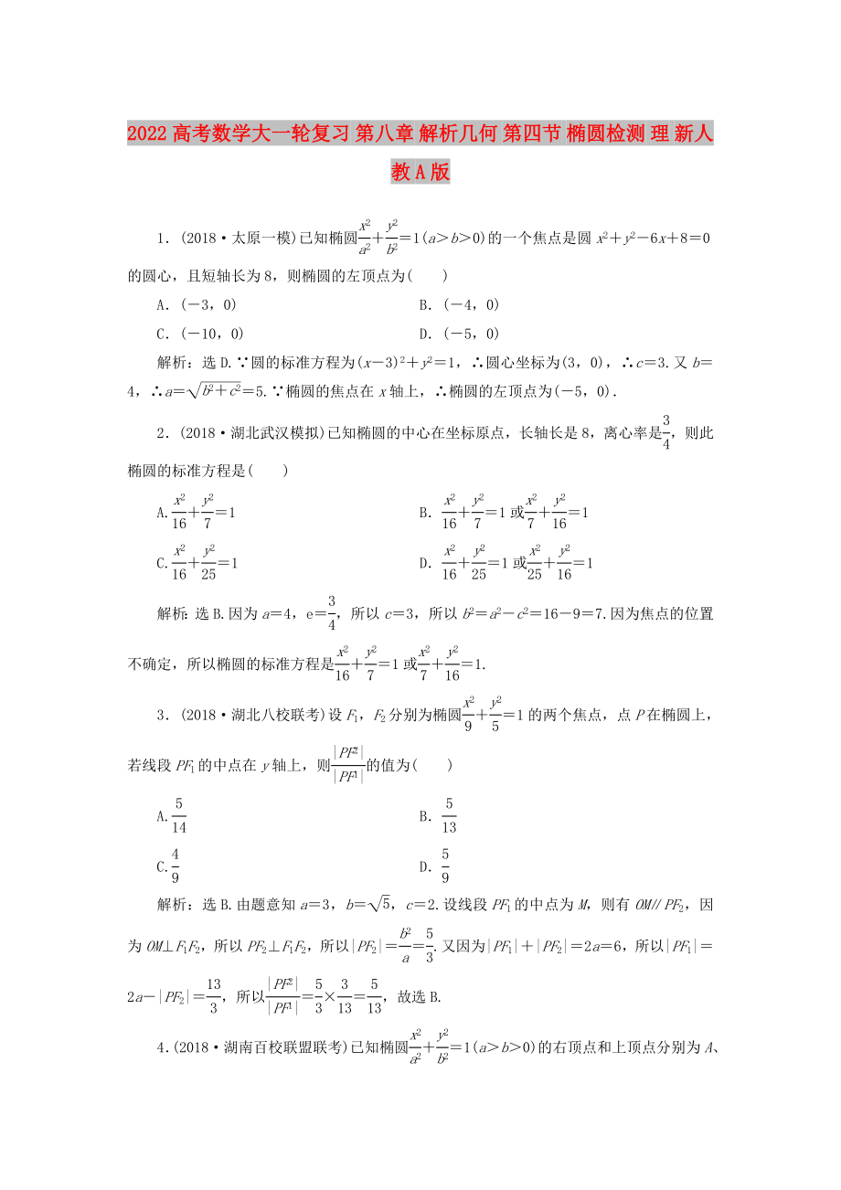 2022高考數(shù)學(xué)大一輪復(fù)習(xí) 第八章 解析幾何 第四節(jié) 橢圓檢測 理 新人教A版_第1頁