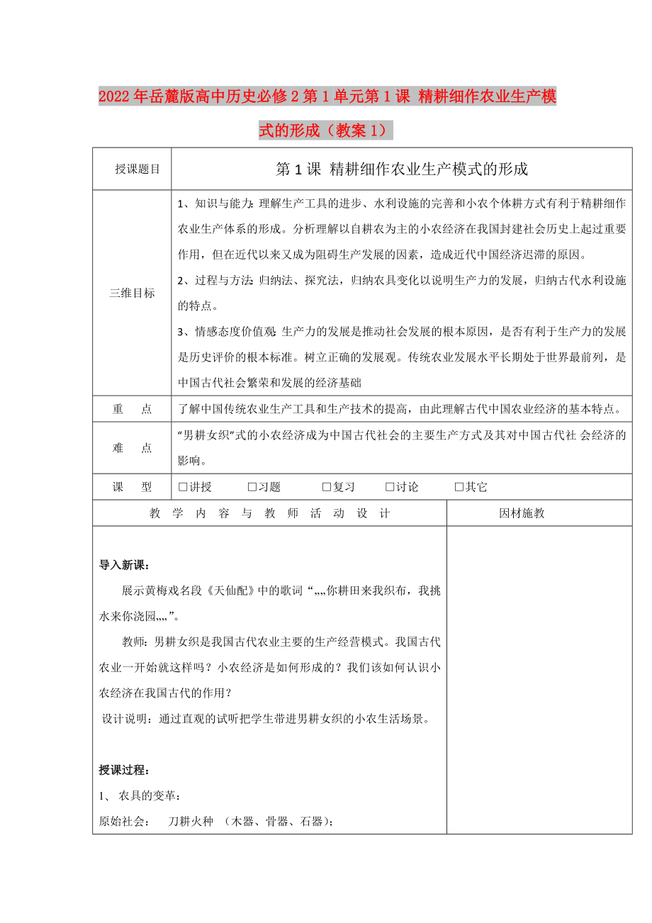 2022年岳麓版高中歷史必修2第1單元第1課 精耕細(xì)作農(nóng)業(yè)生產(chǎn)模式的形成（教案1）_第1頁(yè)