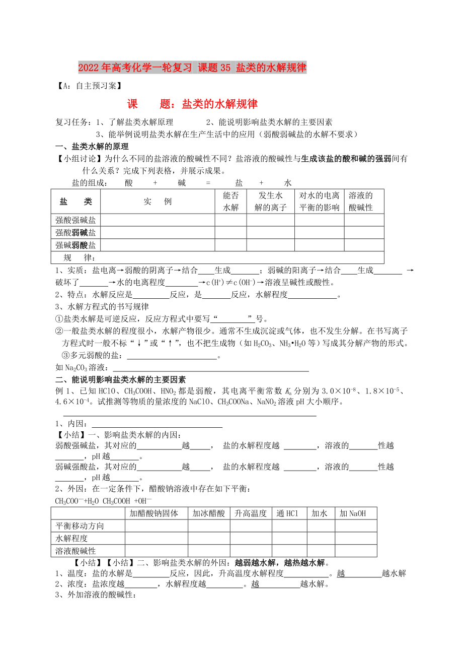 2022年高考化學(xué)一輪復(fù)習(xí) 課題35 鹽類的水解規(guī)律_第1頁(yè)