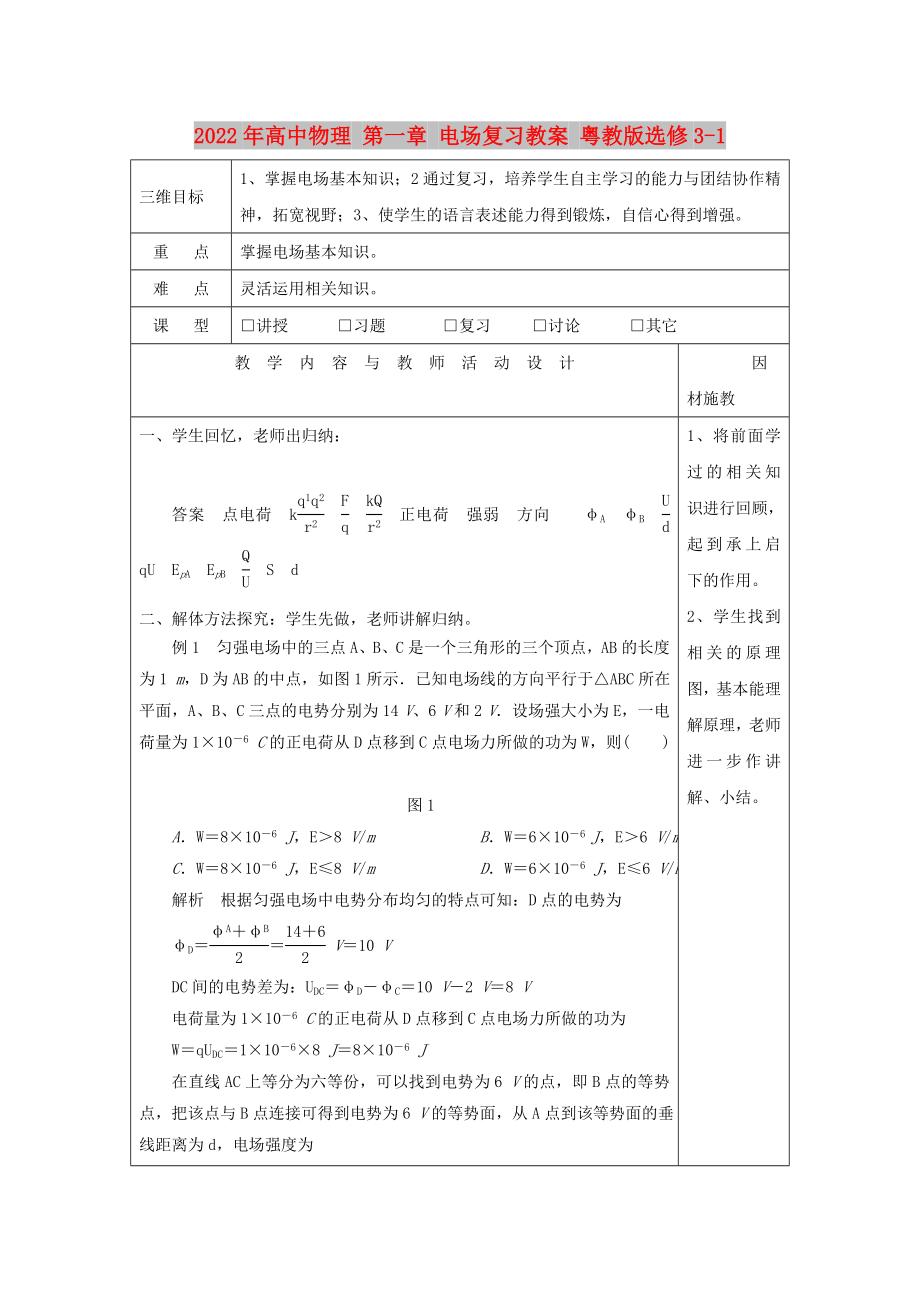 2022年高中物理 第一章 電場復(fù)習(xí)教案 粵教版選修3-1_第1頁