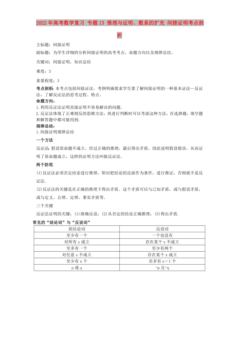 2022年高考數(shù)學(xué)復(fù)習(xí) 專題13 推理與證明、數(shù)系的擴(kuò)充 間接證明考點(diǎn)剖析_第1頁(yè)