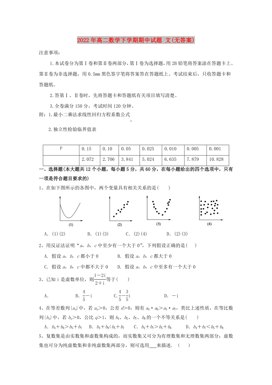 2022年高二數(shù)學下學期期中試題 文(無答案)_第1頁