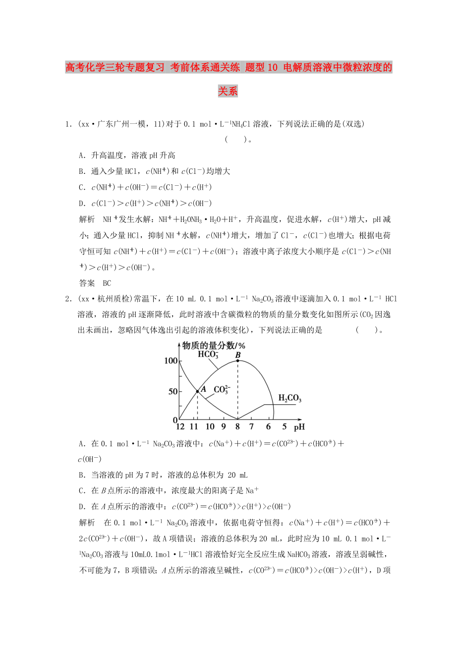 高考化學(xué)三輪專題復(fù)習(xí) 考前體系通關(guān)練 題型10 電解質(zhì)溶液中微粒濃度的關(guān)系_第1頁