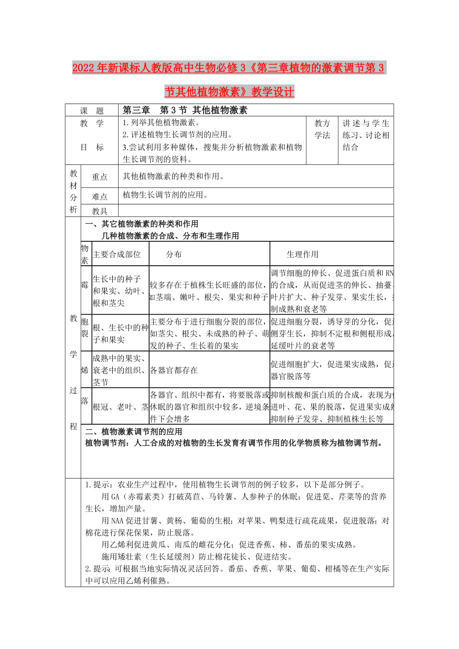 2022年新課標(biāo)人教版高中生物必修3《第三章植物的激素調(diào)節(jié)第3節(jié)其他植物激素》教學(xué)設(shè)計(jì)_第1頁(yè)