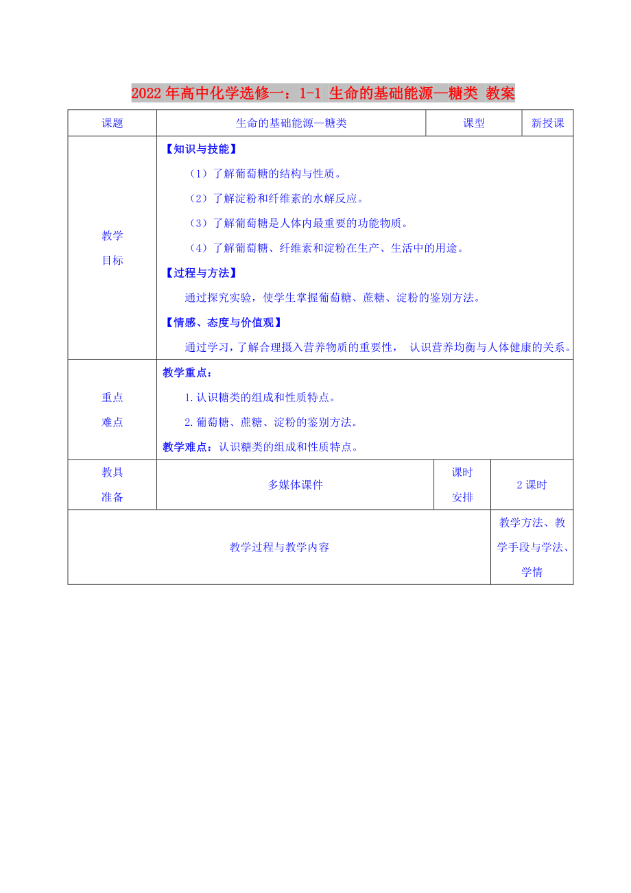 2022年高中化學(xué)選修一：1-1 生命的基礎(chǔ)能源—糖類(lèi) 教案_第1頁(yè)