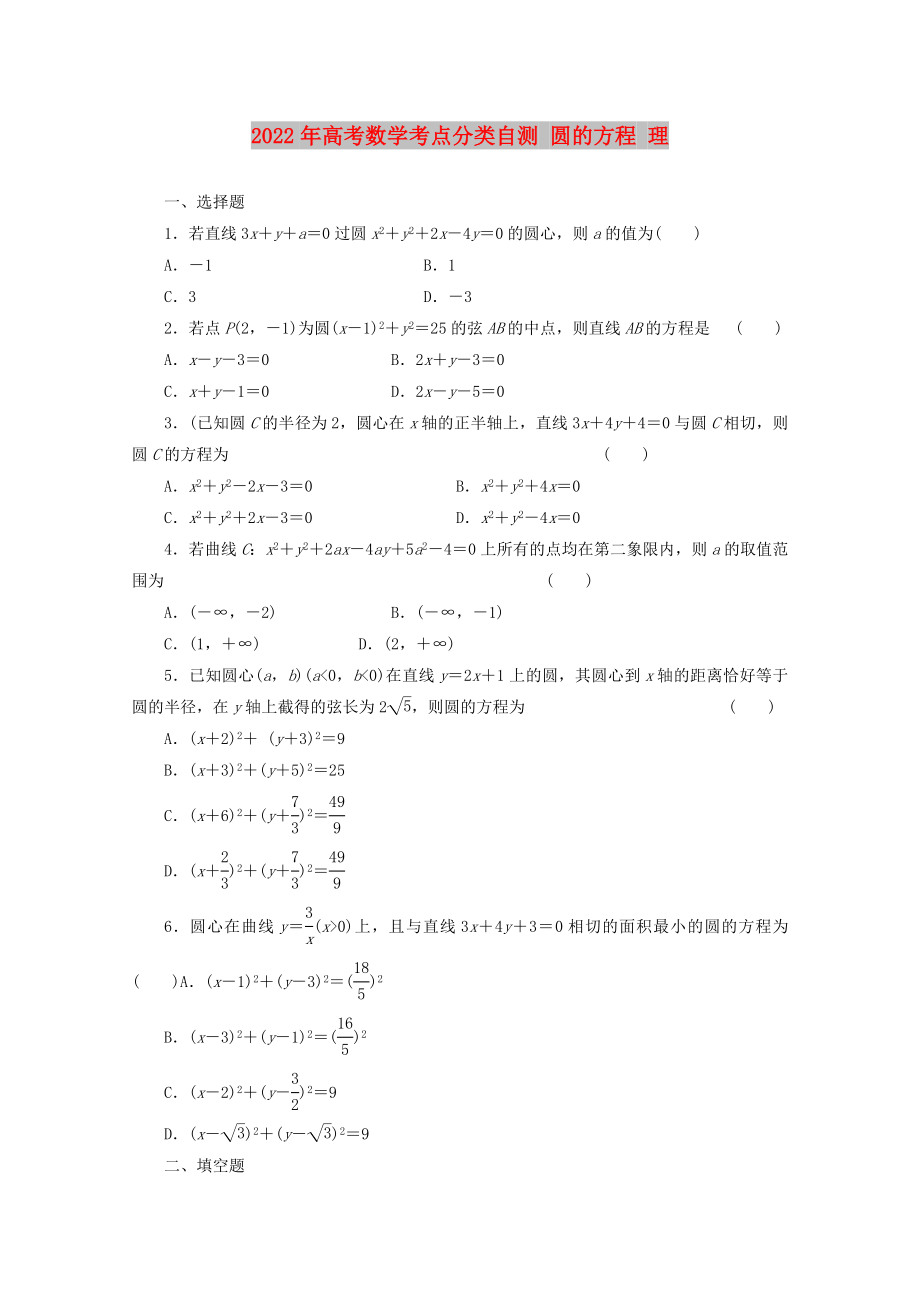 2022年高考数学考点分类自测 圆的方程 理_第1页