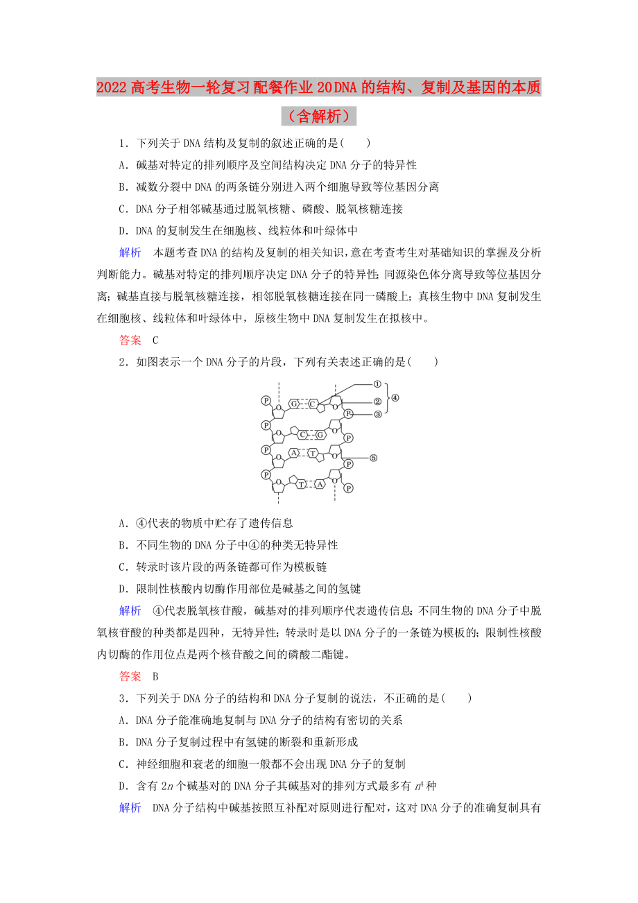 2022高考生物一輪復(fù)習(xí) 配餐作業(yè)20 DNA的結(jié)構(gòu)、復(fù)制及基因的本質(zhì)（含解析）_第1頁(yè)