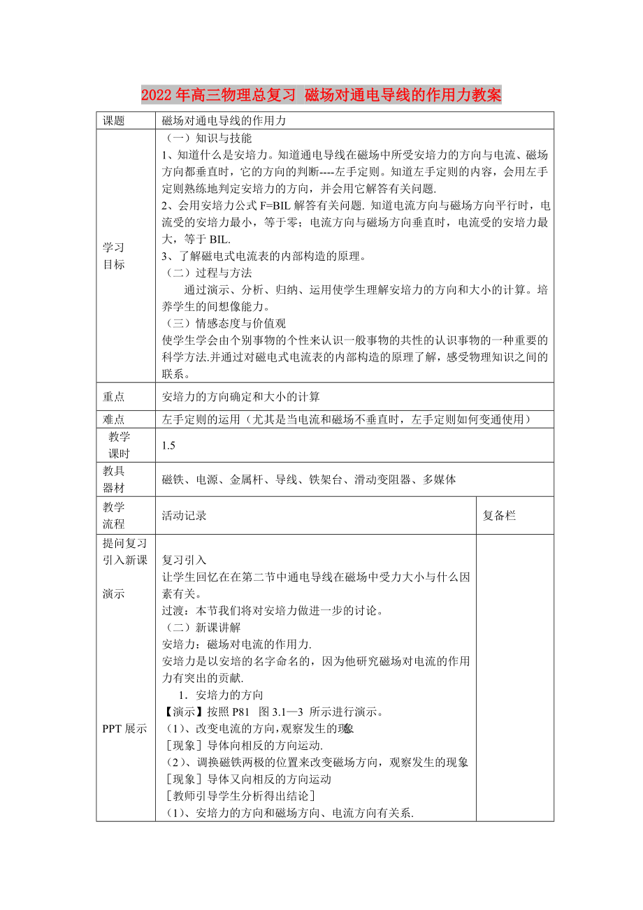 2022年高三物理總復習 磁場對通電導線的作用力教案_第1頁