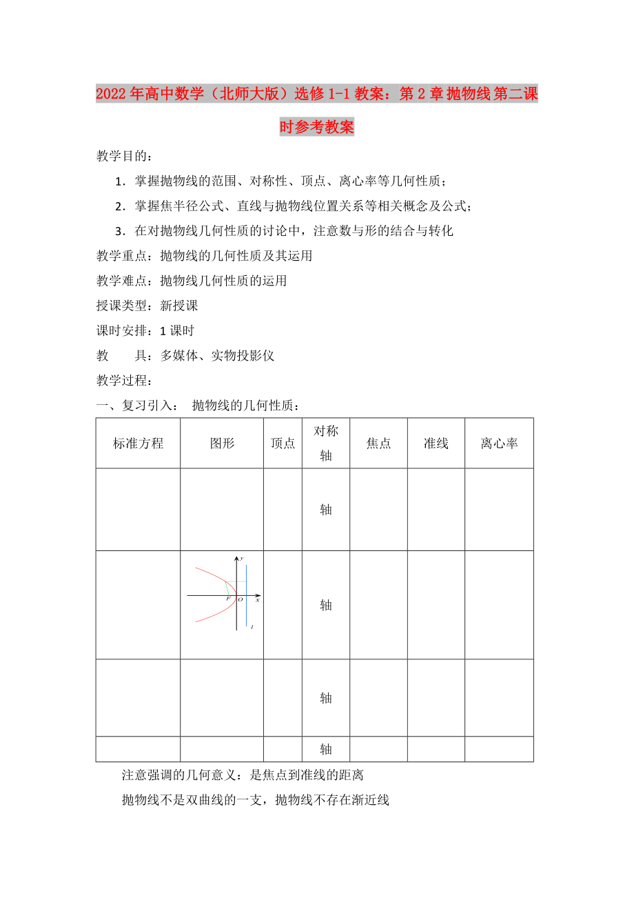 2022年高中数学（北师大版）选修1-1教案：第2章 抛物线 第二课时参考教案_第1页