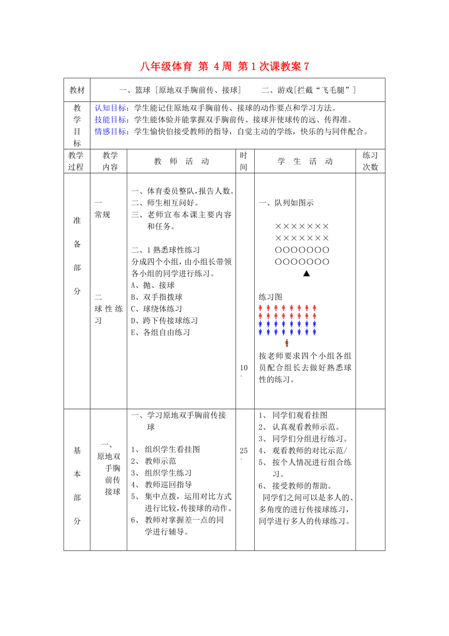 八年級體育 第 4周 第1次課教案7_第1頁