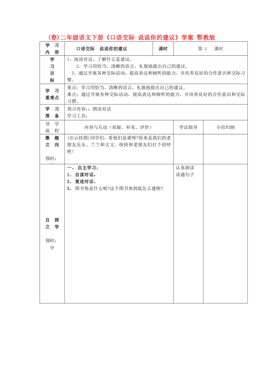 (春)二年級語文下冊《口語交際 說說你的建議》學(xué)案 鄂教版_第1頁