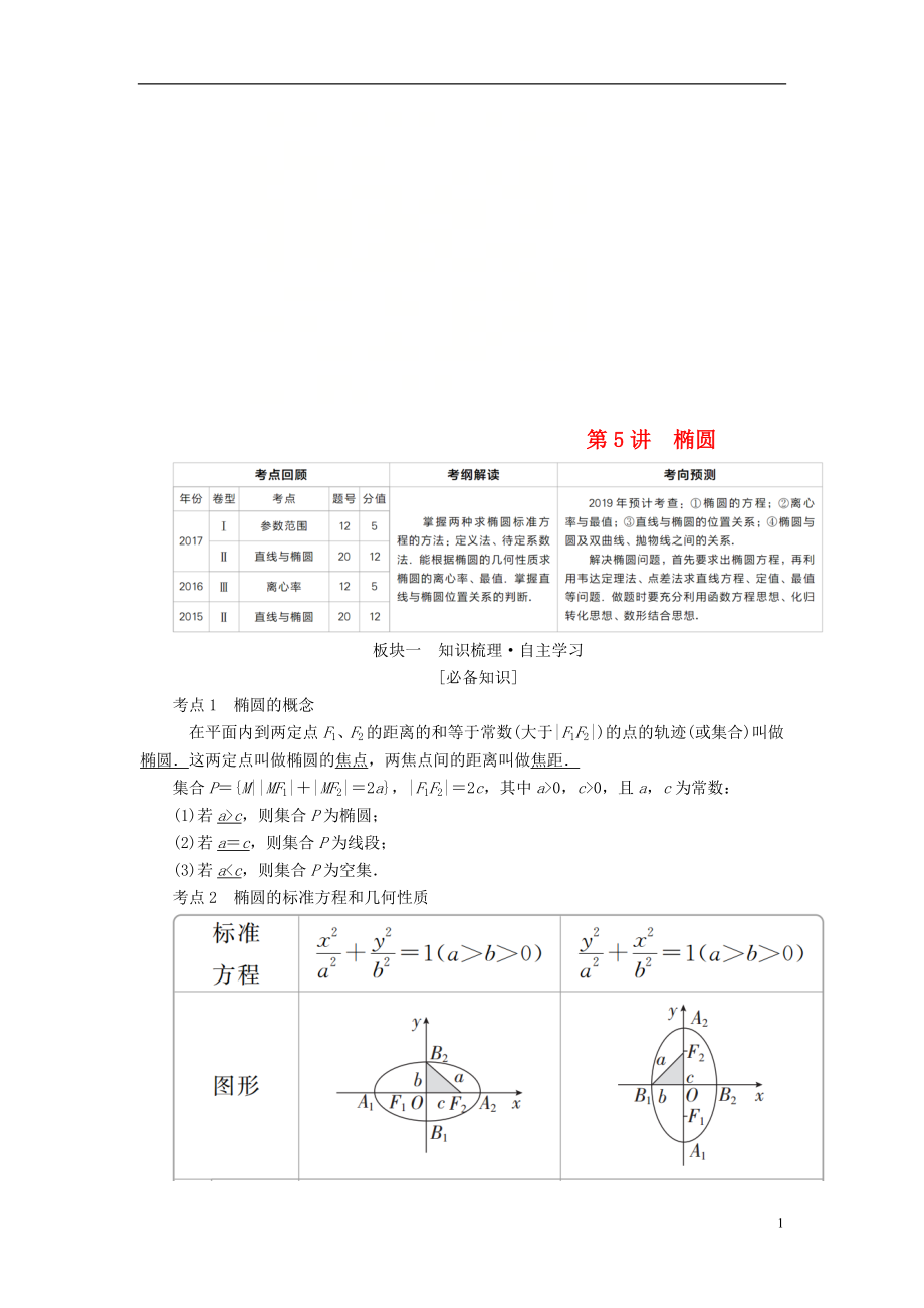 （全國版）2019版高考數(shù)學(xué)一輪復(fù)習(xí) 第8章 平面解析幾何 第5講 橢圓學(xué)案_第1頁