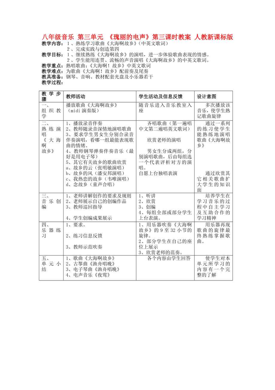 八年級音樂 第三單元 《瑰麗的電聲》第三課時(shí)教案 人教新課標(biāo)版_第1頁