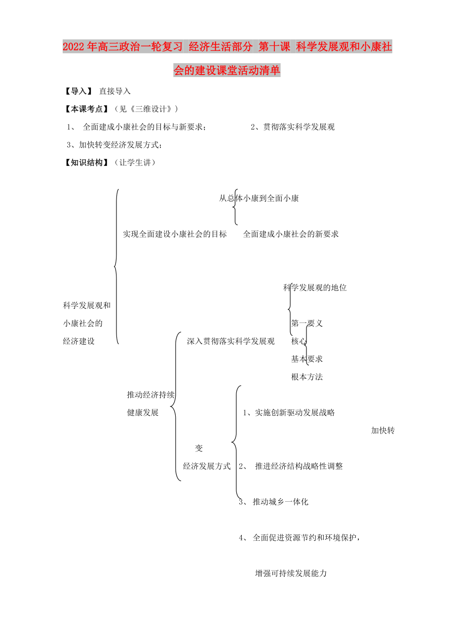 2022年高三政治一輪復(fù)習(xí) 經(jīng)濟(jì)生活部分 第十課 科學(xué)發(fā)展觀和小康社會(huì)的建設(shè)課堂活動(dòng)清單_第1頁(yè)