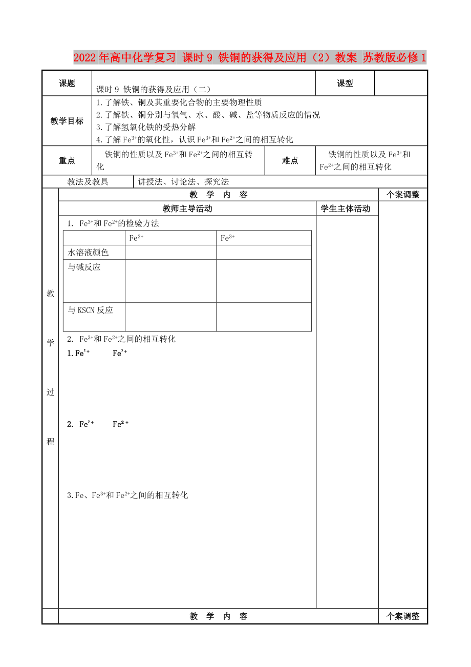 2022年高中化学复习 课时9 铁铜的获得及应用（2）教案 苏教版必修1_第1页