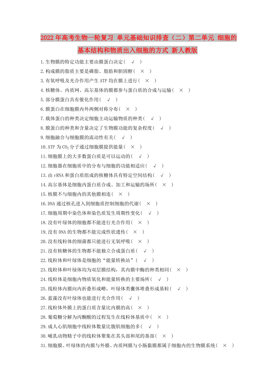 2022年高考生物一輪復習 單元基礎知識排查（二）第二單元 細胞的基本結構和物質(zhì)出入細胞的方式 新人教版_第1頁