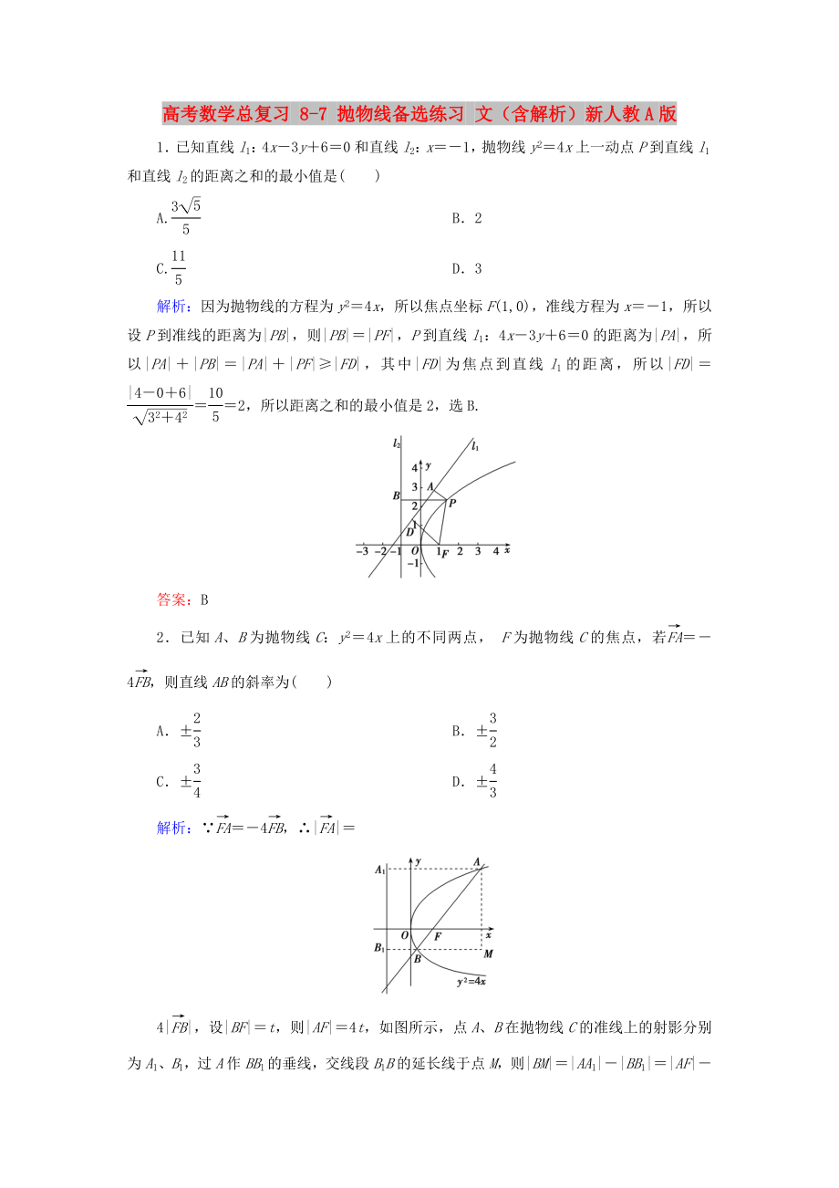 高考數(shù)學總復習 8-7 拋物線備選練習 文（含解析）新人教A版_第1頁