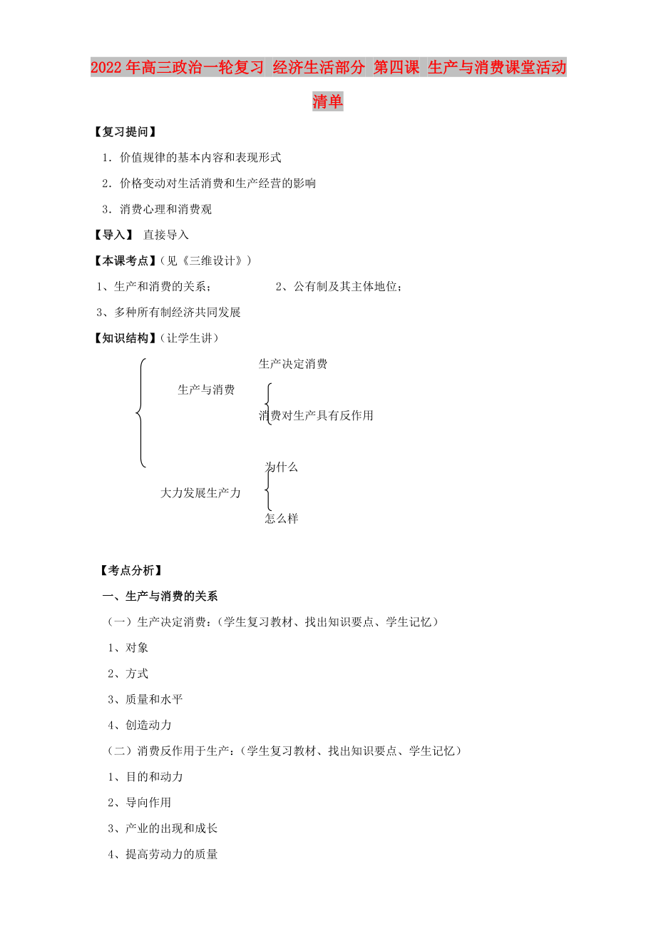 2022年高三政治一輪復(fù)習(xí) 經(jīng)濟(jì)生活部分 第四課 生產(chǎn)與消費(fèi)課堂活動(dòng)清單_第1頁(yè)