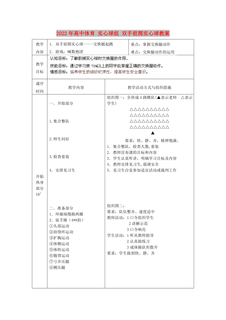 2022年高中體育 實心球組 雙手前擲實心球教案_第1頁