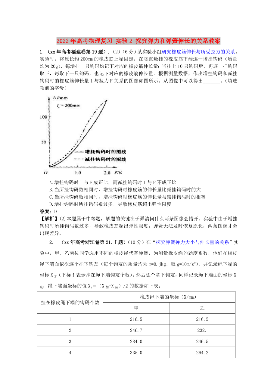 2022年高考物理復(fù)習(xí) 實(shí)驗(yàn)2 探究彈力和彈簧伸長(zhǎng)的關(guān)系教案_第1頁(yè)