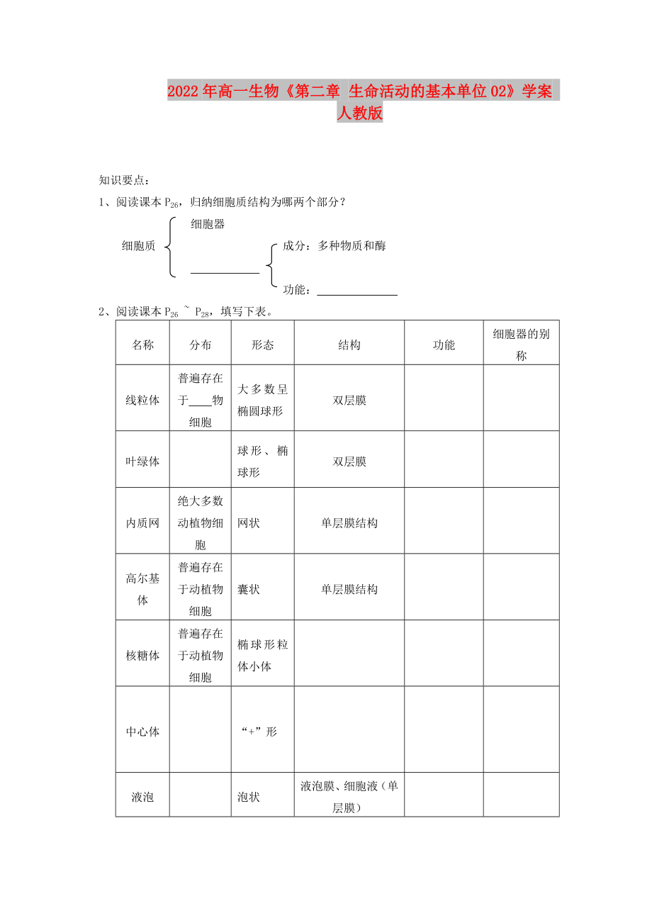 2022年高一生物《第二章 生命活動的基本單位02》學案 人教版_第1頁