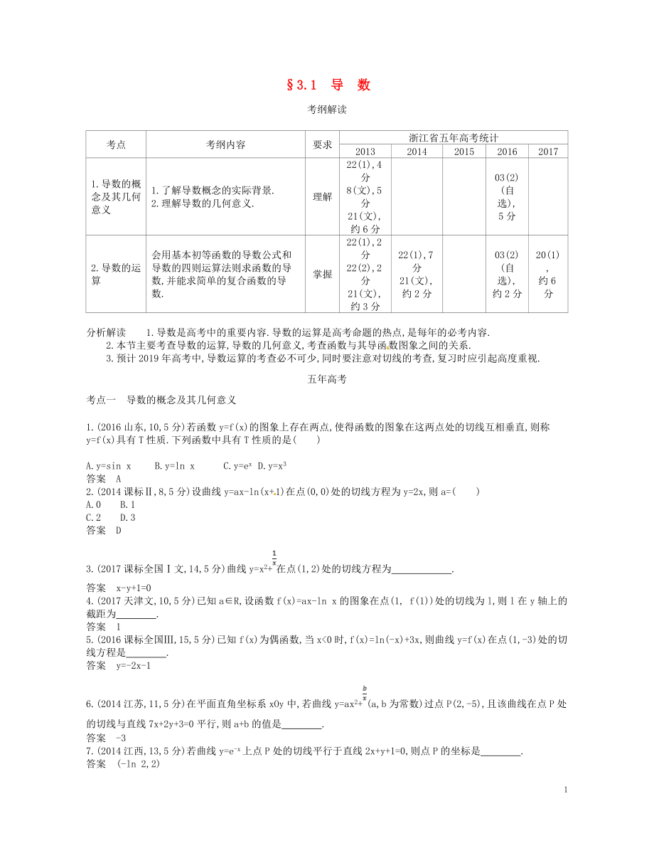 （浙江專版）2019版高考數(shù)學(xué)一輪復(fù)習(xí) 第三章 導(dǎo)數(shù) 3.1 導(dǎo)數(shù)學(xué)案_第1頁